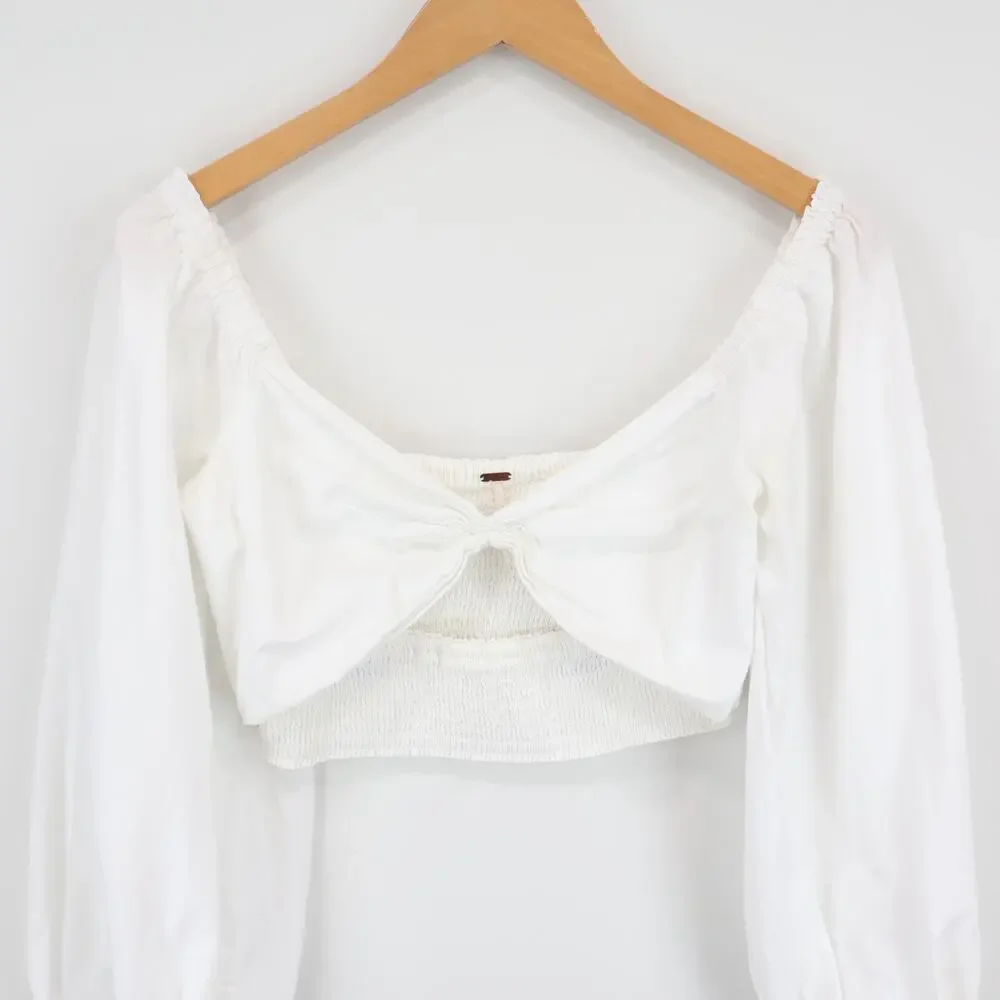 Free People Cropped Smocked Boho Long Puff Sleeve Top White Size XS